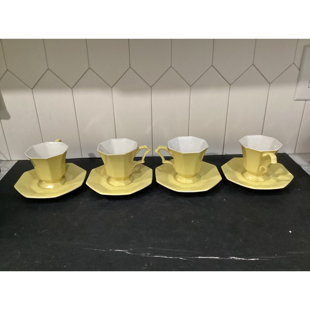 Lot 4 INDEPENDENCE IRONSTONE Interpace 6" Daffodil Octagonal Teacups Saucers *
